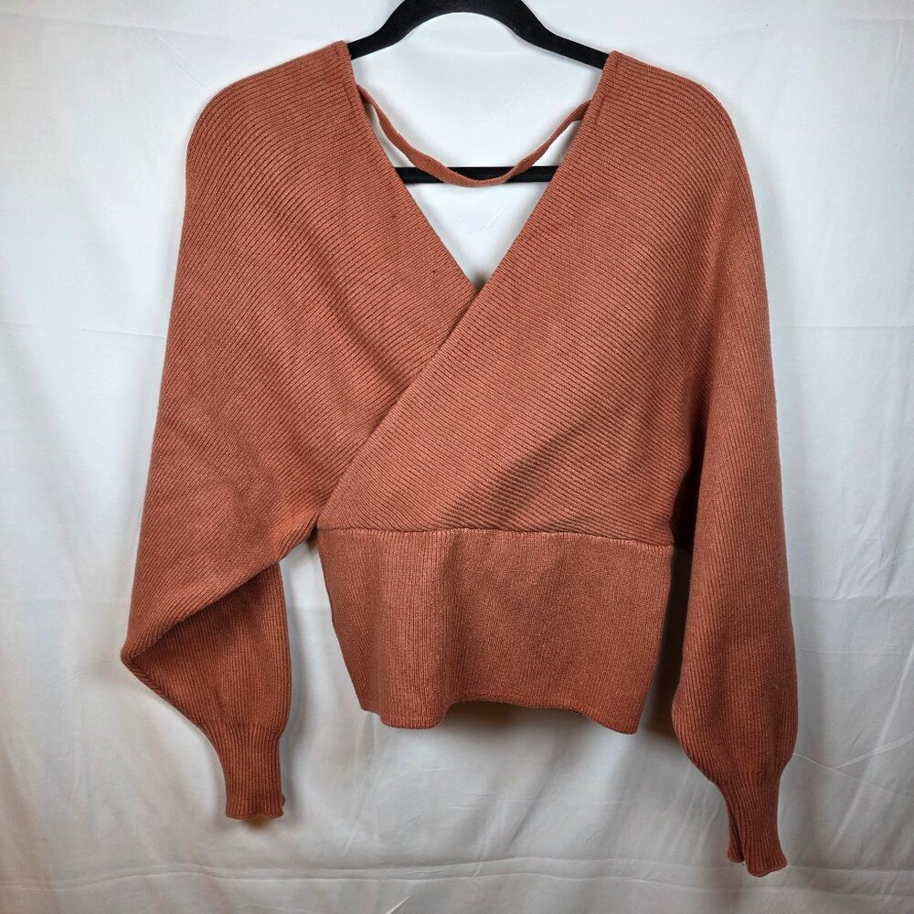 Love Tree Ribbed Knit Wrap Sweater‎ Women's M Rust Brown Cropped Long Sleeve